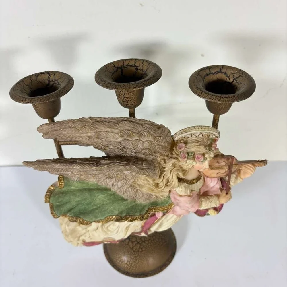 Sculpted Resin Heavenly Angel Candle Holder w/Violin 3 Candle Metal Candelabra